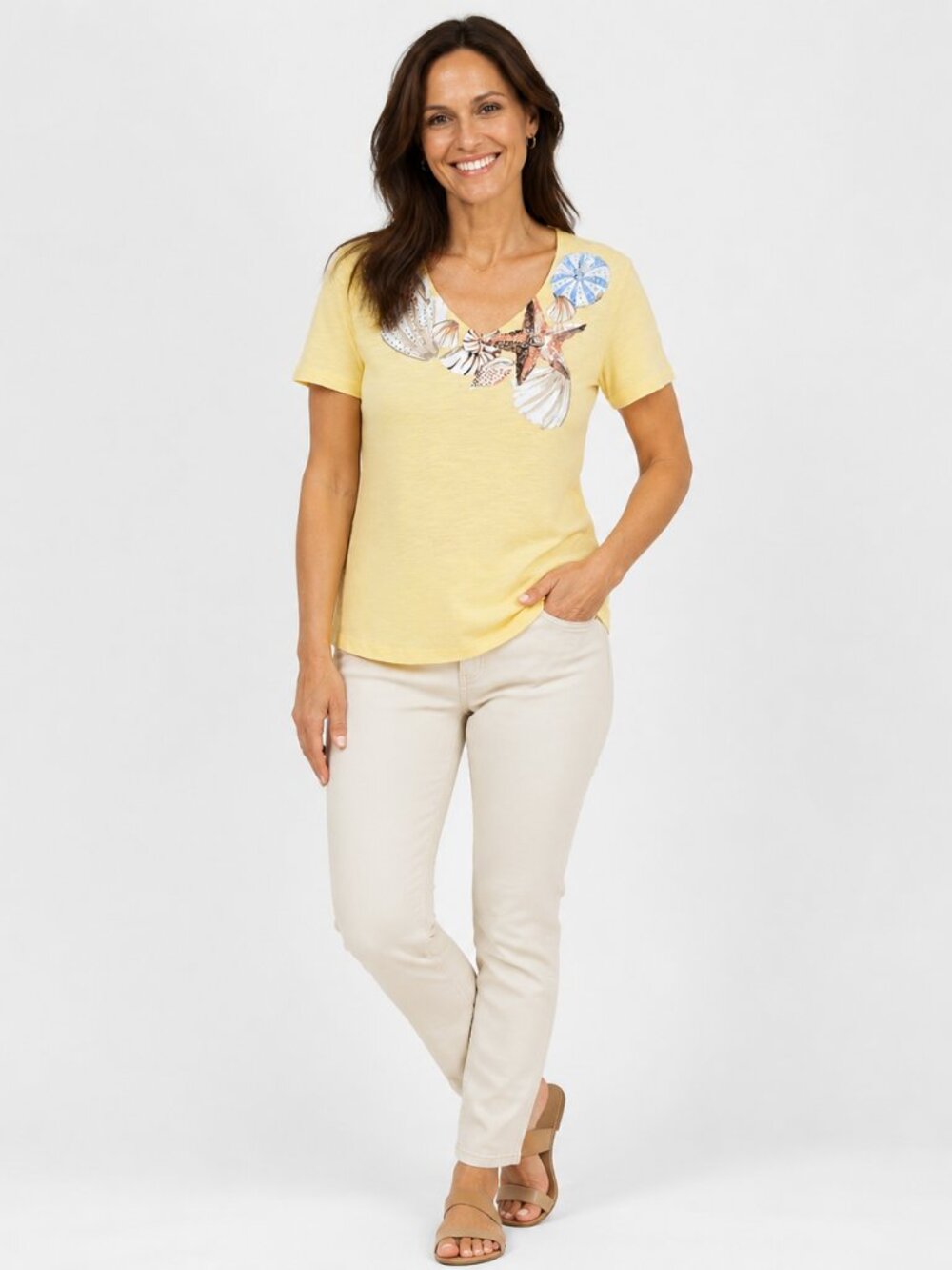 Coral Bay Petite Seashell V-Neck Tee  Beachcore Coastal Cotton Top Yellow PS